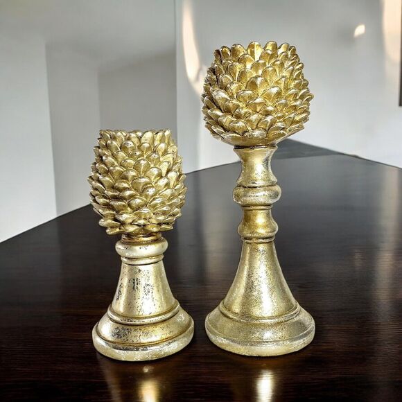 Gold Tone Pine Cone Tea Lite Holders Heavy Resin Set Of 2 Votives - Picture 1 of 7